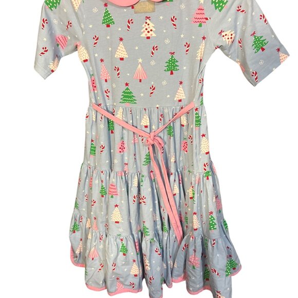Eleanor Rose Girls Christmas Tree & Candy Cane Print Dress Size 10-12 Cotton Ble - Picture 5 of 6